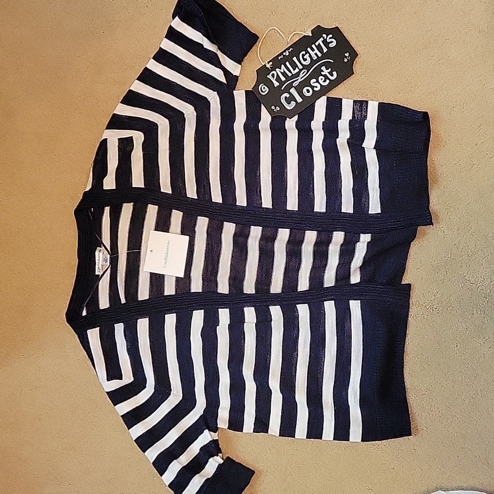 Croft & Barrow Cardigan Sweater XL New Navy Blue White Stripe Short Sleeve